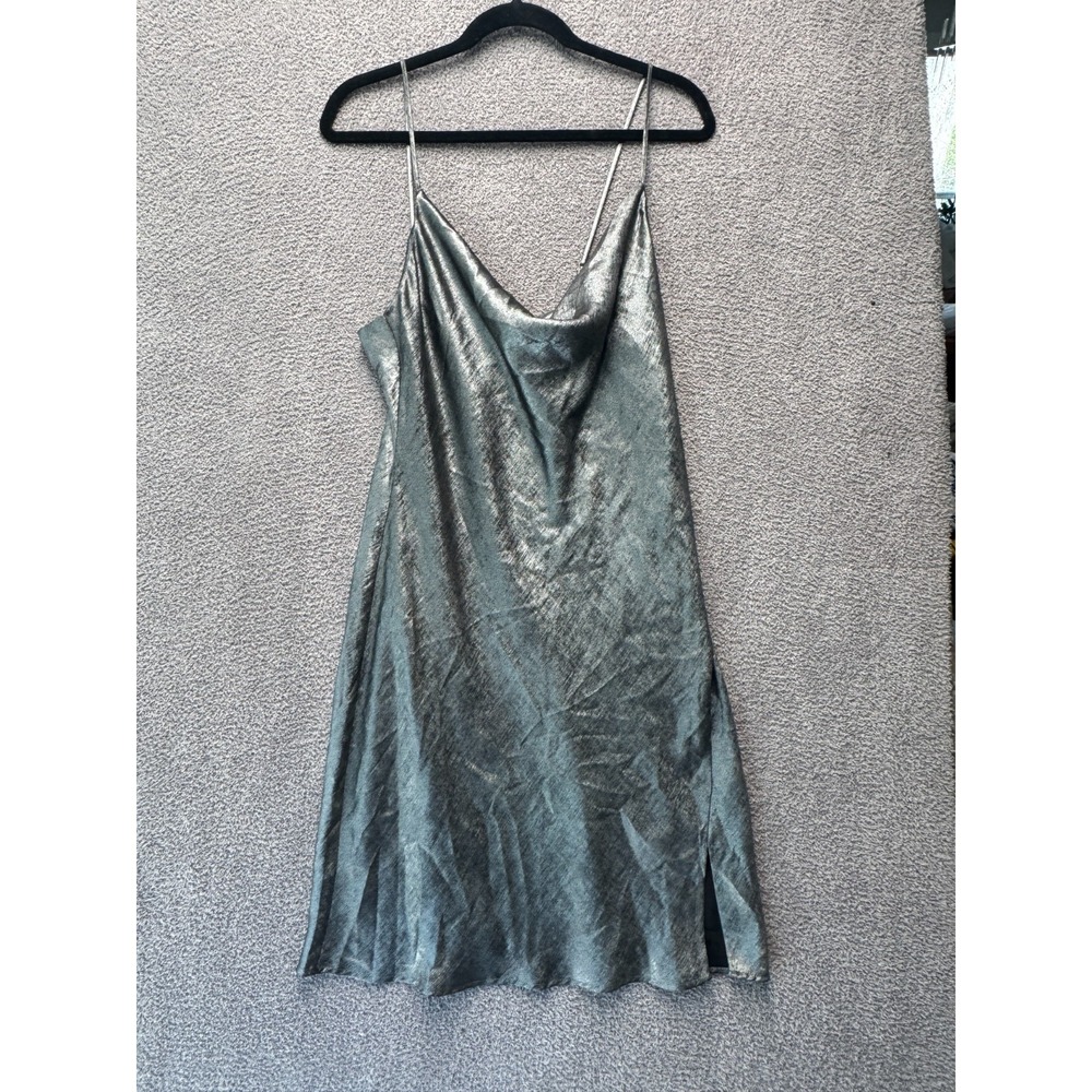 Dynamite Metallic Slip Dress Cowl Neck Satin Silver Green G/L Party Mini Witchy